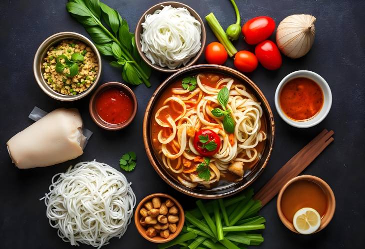 Top View of Authentic Thai Cuisine on Dark Background